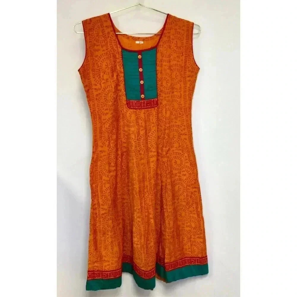 Vintage Indian Womens Orange Kurti Teal Red Accents Dress Size Medium‎